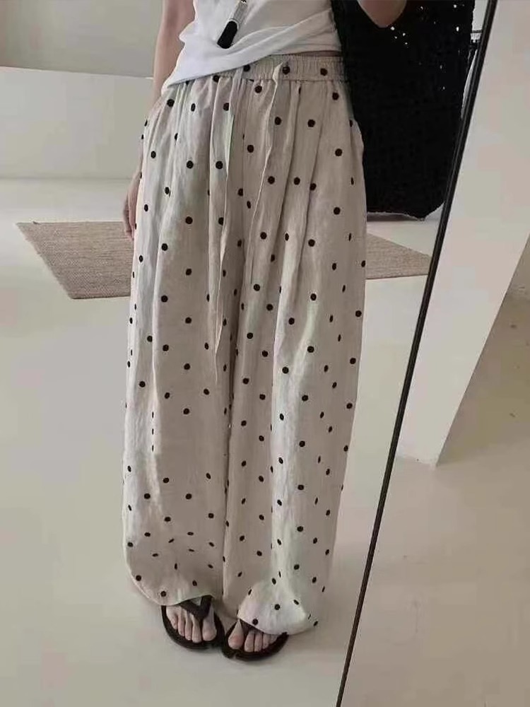 레트로 라미 도트 무늬 자수 풍선 바지 여성 여름 새로운 펌프 로프 캐주얼 루즈핏 긴 바지