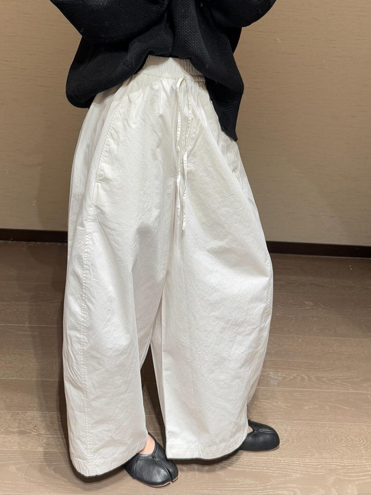 chao 수준 추천 화이트 넓은 다리 캐주얼 배럴 모양 바지 여성 얇은 스타일 펌프 로프 허리밴드 자외선 차단 바지 캐주얼 긴 바지