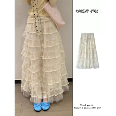 批发小熊说拜拜 米白色<b class='q'>网纱</b>长款蛋糕裙女高级感多层百褶蓬蓬裙半身裙