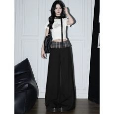 批发胖MM复古黑色格纹拼接<b class='q'>西装</b>裤女美式高腰宽松垂感阔腿休闲裤