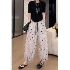 批发宽松遮胯阔腿裤女波点透气休闲裤夏小个子高腰显瘦薄款<b class='q'>九分</b>直筒裤