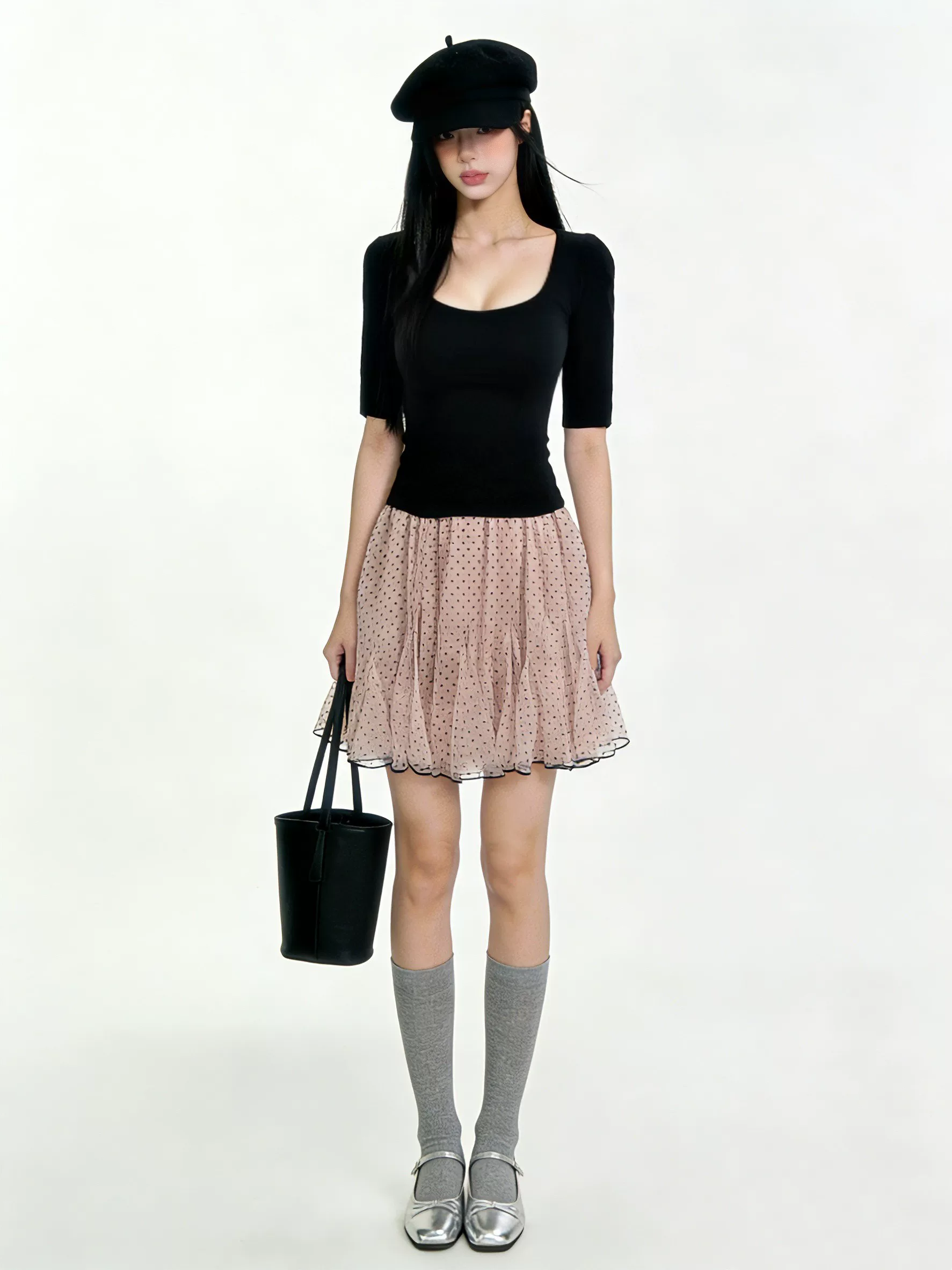 2026 한 부서 핑크색 도트 무늬 반신 스커트 여성 망사 A라인 스커트 퍼프 스커트 여름