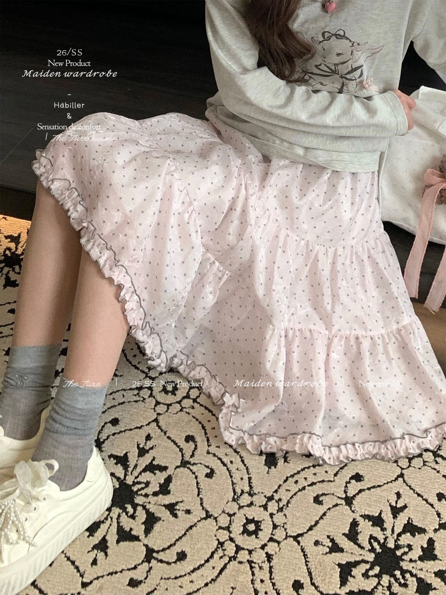 도트 무늬 중간 스커트 반신 스커트 여자 중간 롱 코트 2026 봄 여름 새로운 우산 치마 하이웨이스트 슬림해 보이는 케이크 드레스