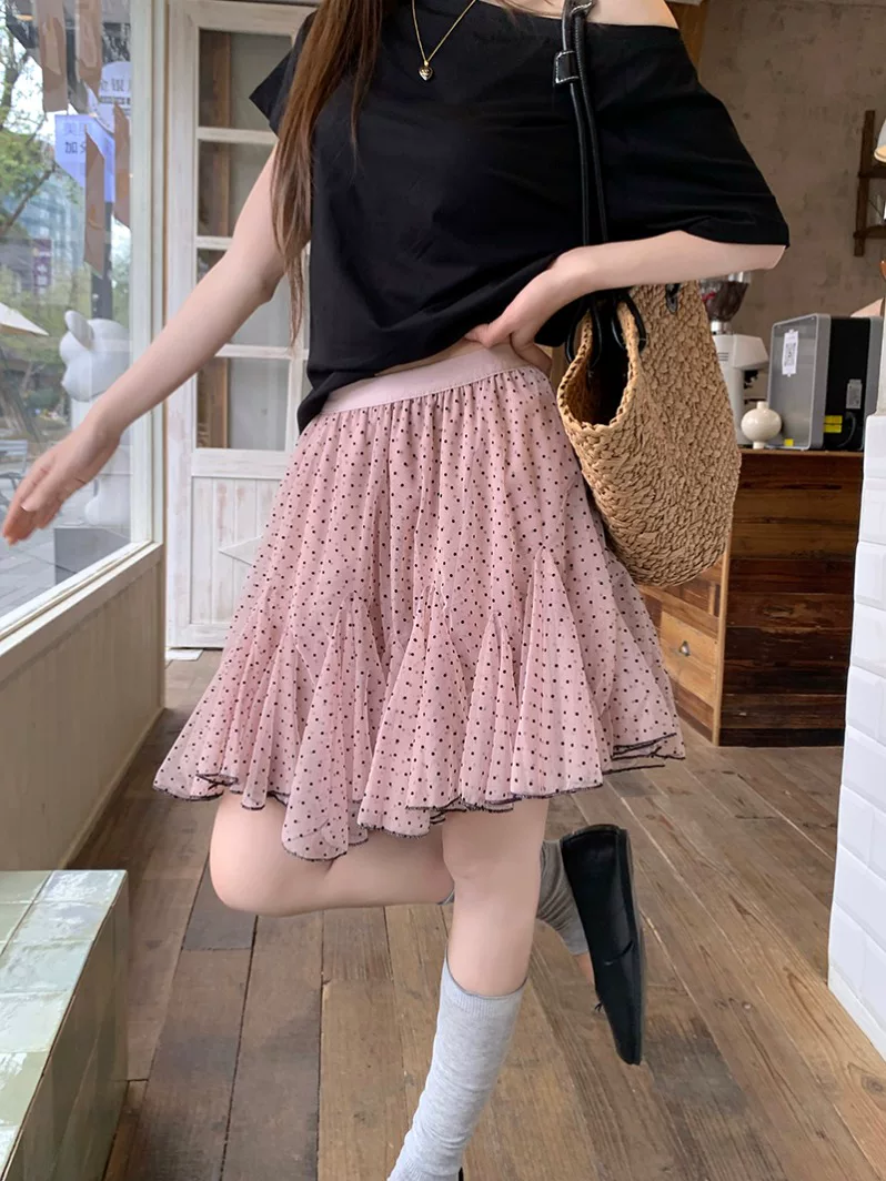 핑크색 식물 플러시 도트 무늬 망사 치마 여성 여름 얇은 스타일 해체 패치워크 프릴 반신 스커트 똑똑한 퍼프 미니 스커트