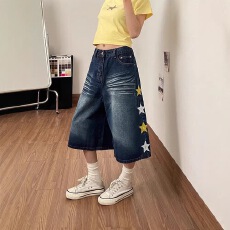 批发美式复古星星刺绣<b class='q'>牛仔</b>七分裤女款2026夏季新款宽松显瘦阔腿裤<b class='q'>短裤</b>