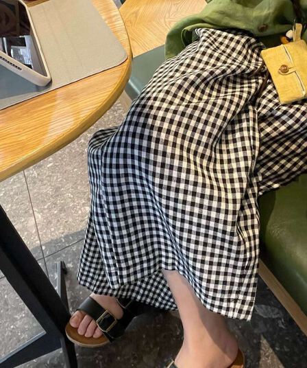 체크무늬 와이드 레그 팬츠 면 린넨 여성 흑인과 백인 체크무늬 루즈핏 슬림해 보이는 캐주얼 바지 출퇴근 한 부서 흑인과 백인 그리드