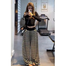 批发网红同款慵懒风条纹抽绳垂感长裤女秋季高腰宽松显瘦阔腿<b class='q'>休闲</b>裤子