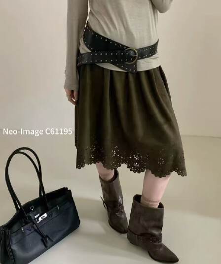 레트로 사슴 캐시미어 한 마디 반신 스커트 여성 26 가을 레이저 조각 홀로우 아웃 허리밴드 슬림해 보이는 중간 스커트 다섯 그룹화