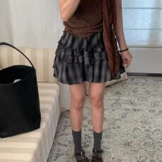 批发韩系休闲格纹花苞<b class='q'>短裙</b>女2026秋季新款松紧腰显瘦A字半身裙子191X