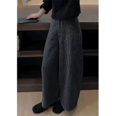 批发韩系复古毛呢格子阔腿裤女胖妹妹秋季新款高腰显瘦休闲弯刀九分裤