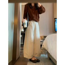 批发垂坠感阔腿裤女显瘦显高米色高腰休闲长裤秋季通勤
