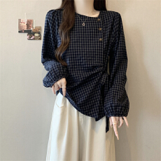 批发实拍<b class='q'>大码</b>胖mm深蓝色格子<b class='q'>长袖</b>衬衫女收腰显瘦遮肚衬衣上衣