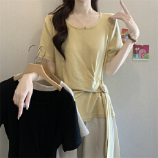 批发实拍大码胖mm设计感不规则开叉绑带短袖T恤遮肚显瘦正肩别致上衣