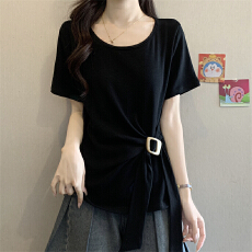 批发实拍大码设计感不规则开叉绑带收腰短袖T恤胖MM遮肉宽松显瘦上衣