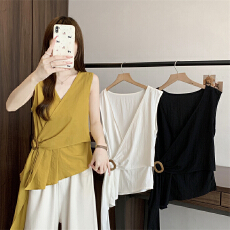 批发实拍<b class='q'>大码</b>胖mm韩版设计感绑带收腰显瘦<b class='q'>背心</b>老钱风V领无袖上衣