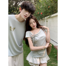 批发实拍  纯棉情侣<b class='q'>T</b><b class='q'>恤</b>性感小漏肩抽绳度假风上衣