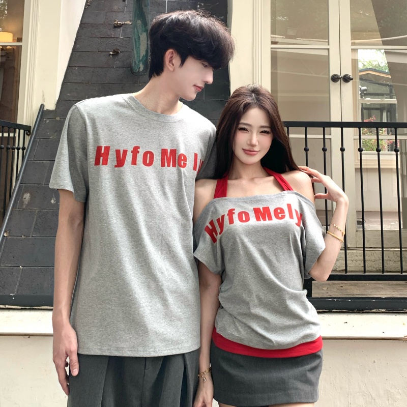 실사 작은 섹시함 오프숄더 프린트 순면 티셔츠 남녀 풀오버 t