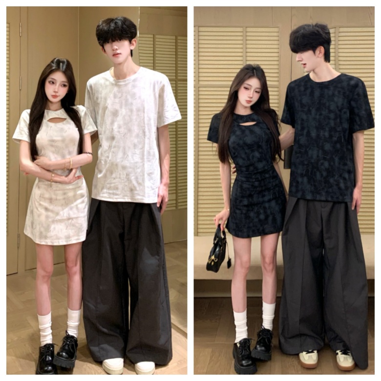 실사 홀치기 염색 커플룩 여름 디자인 센스 반팔 티셔츠 새로운 중식 드레스 프랑스식 하나 치마 하나 의류