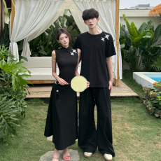 批发实拍新中式国风改良款女短袖刺绣连衣裙旗袍男<b class='q'>T</b>恤衫