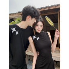 批发实拍新中式国风改良款女短袖刺绣连衣裙旗袍男<b class='q'>T恤衫</b>