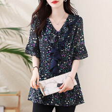 批发实拍2026夏季印花雪纺衫上衣女荷叶边显瘦遮肉打底衫别致衬衣