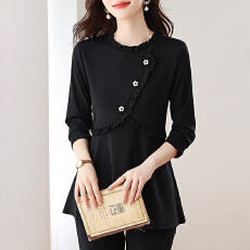 批发实拍2026春季新款长袖纯色女大码中长款洋气减龄百搭<b class='q'>上衣</b>简约