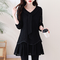 批发实拍2026<b class='q'>春</b>季新款大码蕾丝气质系带洋气胖MM时尚宽松遮肚上衣裙子