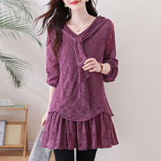 批发实拍2026<b class='q'>春</b>季新款大码蕾丝气质系带洋气胖MM时尚宽松遮肚上衣裙子