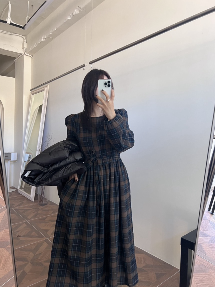 지금 프랑스식 연령 감소 레트로 체크무늬 루즈핏 레이스업 드레스