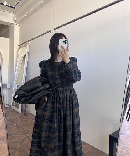 지금 프랑스식 연령 감소 레트로 체크무늬 루즈핏 레이스업 드레스