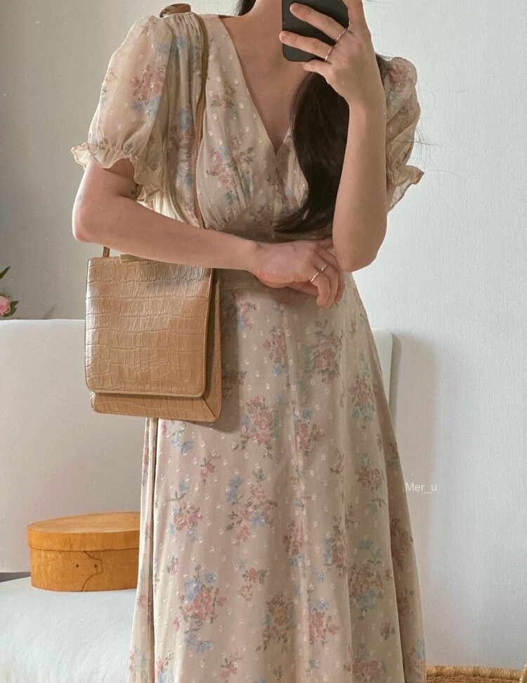 재고 있음 한 스타일 레트로 꽃무늬 레이스업 드레스