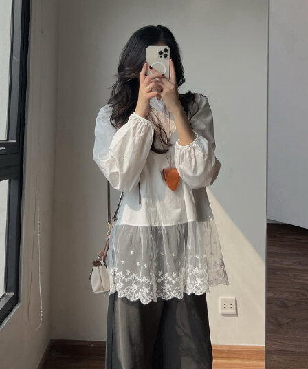 재고 있음 작은 대중 달콤함 레이스 패치워크 품격 셔츠