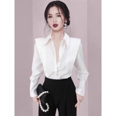 批发法式复古<b class='q'>白色</b><b class='q'>衬衫女</b>春秋御姐轻熟风直角肩设计感小众百搭廓形上衣