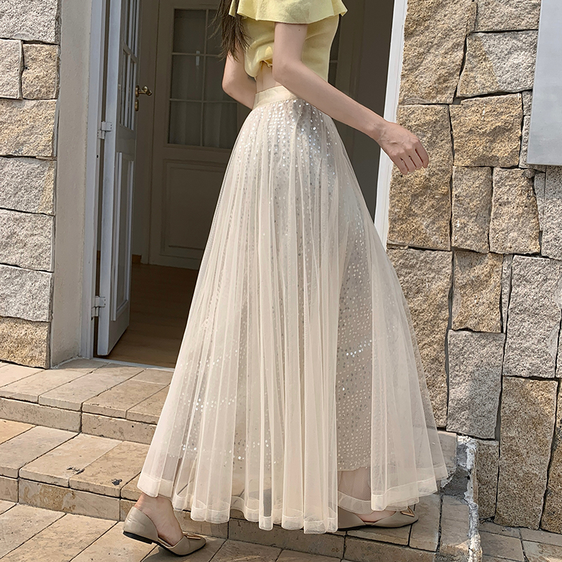 고급 센스 스팽글 망사 반신 스커트 여성 봄 여름 섹션 도루 센스 슈퍼 요정 거즈 스커트 표지 십자가 큰 진자 a 단어 길이 치마