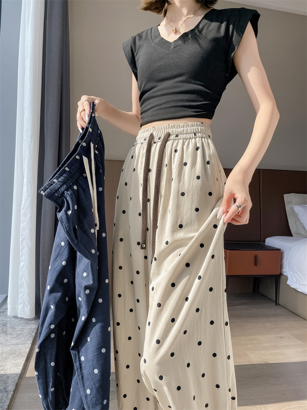 루즈핏 표지 넓적 다리 와이드 레깅스 바지 도트 무늬 통기성 캐주얼 바지 여름 작은 키 하이웨이스트 슬림해 보이는 얇은 스타일 9 포인트 스트레이트 팬츠