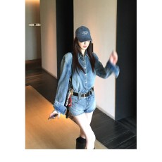 批发Skk Store 巴黎腔调 蓝色复古上衣水洗衬衫女<b class='q'>夏</b>秋季牛仔短裤套装