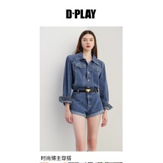 批发DPLAY2025秋季新款复古日常通勤蓝色<b class='q'>连体</b>裤女高腰原色牛仔裤<b class='q'>短裤</b>