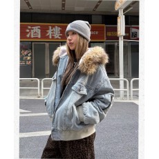 批发川川也可拆卸毛领牛仔座山雕夹克棉服男女冬季新加绒重磅水洗外套