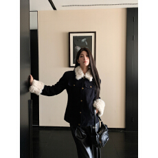 批发<b class='q'>夏</b>蓝汐雨SMBL RAIN 黑色复古拼毛修身夹克棉服上衣设计感短外套冬