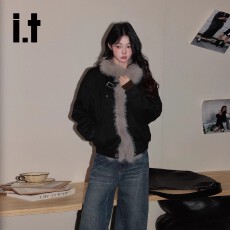 批发itCHOCOOLATE 美式黑色座山雕毛领棉服女秋慵懒宽松夹克保暖外套