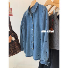 批发MUYANG 首尔学姐~刺绣爱心水洗牛仔衬衫女长袖百搭叠穿衬衫上衣