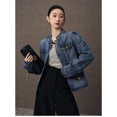 批发束皙SUSHE 悦林 复古水洗纯棉立领多口袋短款蓝色牛仔外套女春秋