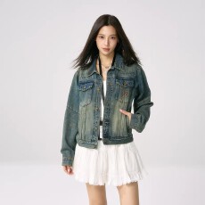 批发TENPSEN秋<b class='q'>冬</b>水洗复古牛仔夹克百搭宽松休闲工装基础翻领短款外套