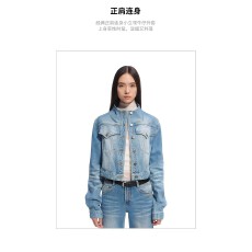 批发NAWS 【宋妍霏同款】山猫牛仔外套 重工斜纹丹宁猫须立领短款外套