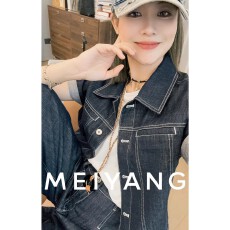 批发美洋MEIYANG【】夜幕线短袖外套 翻领排扣短款牛仔上衣-