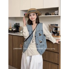 批发球球自制春季新款韩系慵懒<b class='q'>牛仔</b>小马刺绣马甲短外套