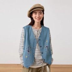 批发octopusme章鱼家日系复古刺绣牛仔马甲女春外搭叠穿无袖背心马夹