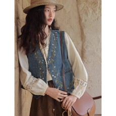 批发花栗鼠小姐 中古牛仔 早秋叠穿复古少女感刺绣牛仔马甲女外套