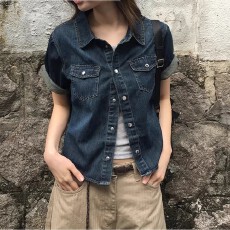 批发美式复古短袖<b class='q'>牛仔</b>衬衫女夏季薄款宽松显瘦休闲百搭小个子短款<b class='q'>上衣</b>