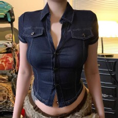 批发WEEKEEP 美式辣妹复古深蓝色排扣翻领<b class='q'>牛仔</b>衬衫休闲百搭修身<b class='q'>上衣</b>